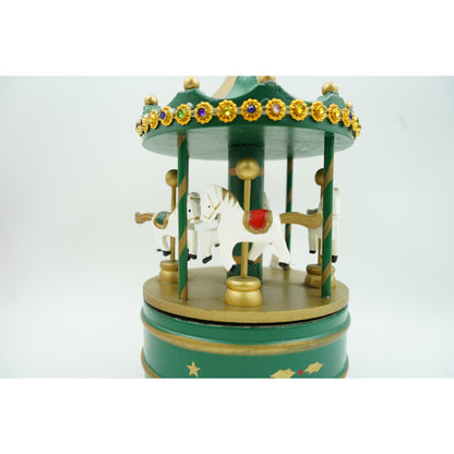 Cutiuta muzicala decorata de Craciun, Carusel rotativ, Verde, din Lemn, Interior, Klevo
