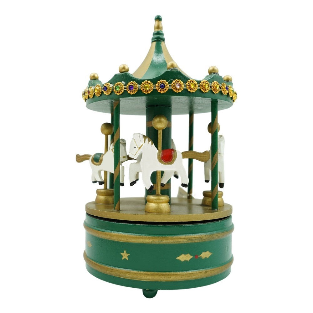 Cutiuta muzicala decorata de Craciun, Carusel rotativ, Verde, din Lemn, Interior, Klevo