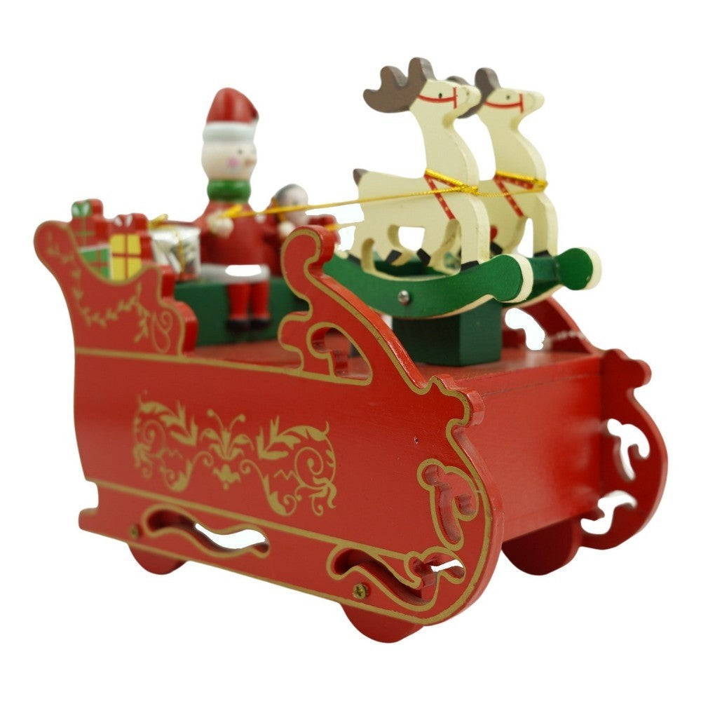 Cutiuta muzicala decorata, Sania lui Mos Craciun, Rosu, din Lemn, 16 cm x 18.5 cm, Interior, Klevo
