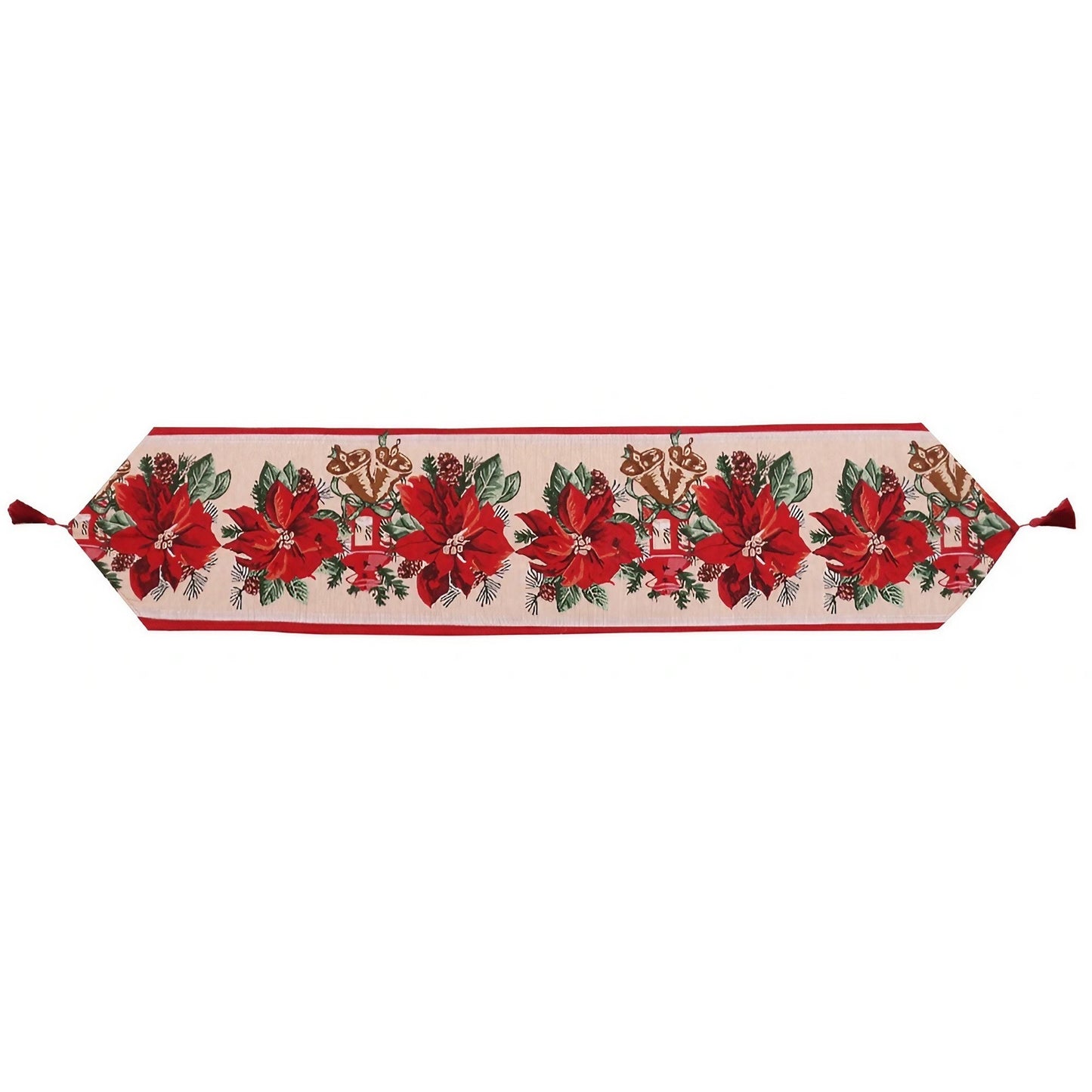 Traversa de Masa pentru Craciun, Klevo, Napron, din Material Tricotat cu Tesatura Groasa, Model Flori Rosii, cu Colt si Ciucure, 173x34x0.2 cm, Alb/ Rosu
