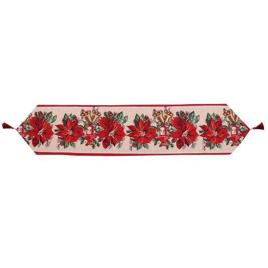 Traversa de Masa pentru Craciun, Klevo, Napron, din Material Tricotat cu Tesatura Groasa, Model Flori Rosii, cu Colt si Ciucure, 173x34x0.2 cm, Alb/ Rosu