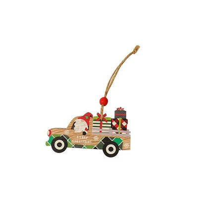 Decoratiune de Craciun din Lemn, Klevo, cu Snur pentru Agatare in Brad, Model Masina lui Mos Craciun, Scris Merry Christmas, 8x8x0.4 cm, Multicolor