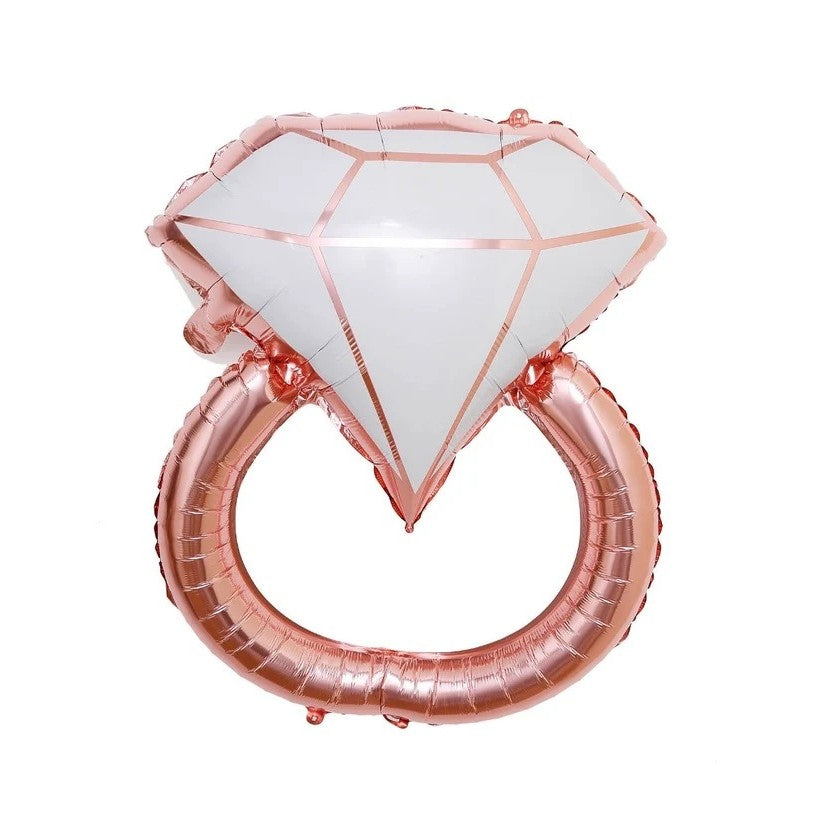 Balon din Folie Metalizata, Klevo, Figurina Inel de Logodna, Model Diamant, Tema Nunta, 60 cm, Ambalaj Individual, Pai Inclus, Umflare cu Aer sau