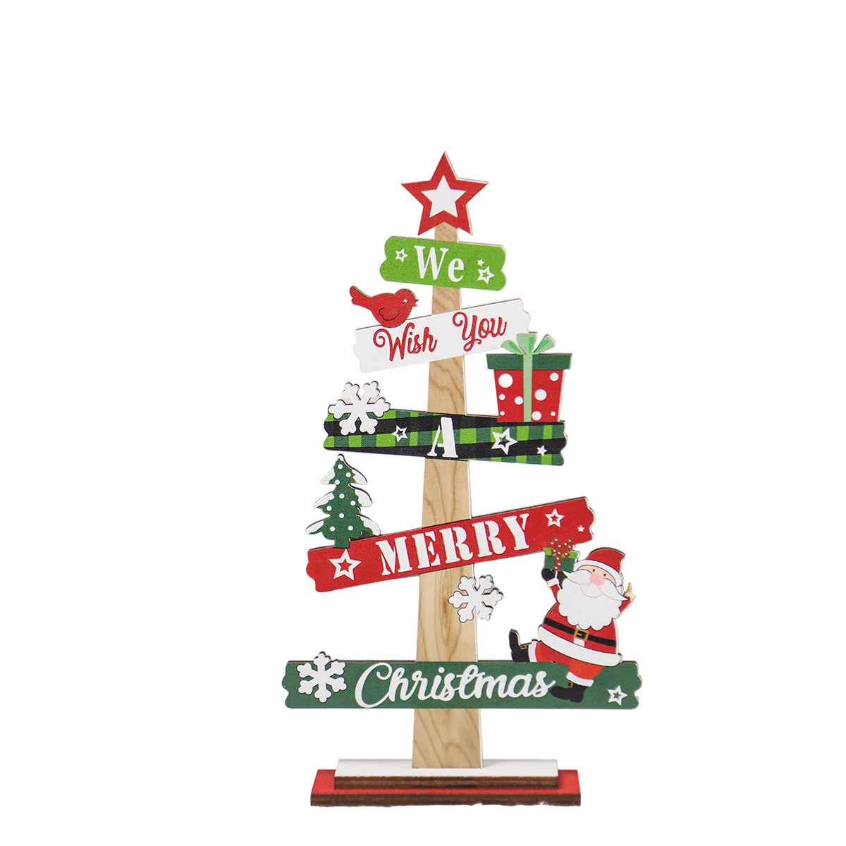 Decoratiune de Craciun din Lemn, Klevo, pentru Masa, Scris We Wish You A Merry Christmas, Model Bradut, 21.5x12.2x4 cm, Multicolor