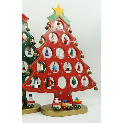 Decoratiune Craciun, Brad, Rosu, 15 cavitati cu ornamente, 25.5 cm x 33 cm, Lemn, Klevo
