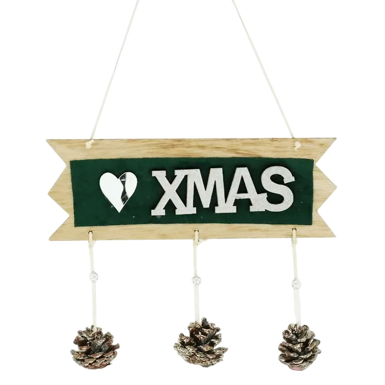 Decoratiune Craciun din Lemn, Klevo, Model Scris Xmas, Conuri Atarnate, cu Inimioara 25x9 cm, pentru Brad sau Usa, Verde/Argintiu