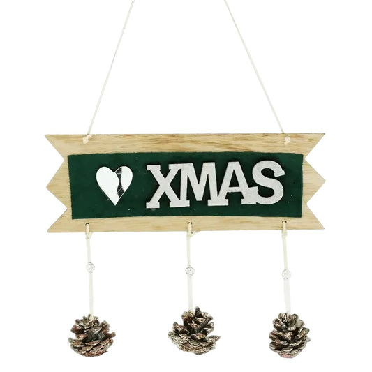 Decoratiune Craciun din Lemn, Klevo, Model Scris Xmas, Conuri Atarnate, cu Inimioara 25x9 cm, pentru Brad sau Usa, Verde/Argintiu
