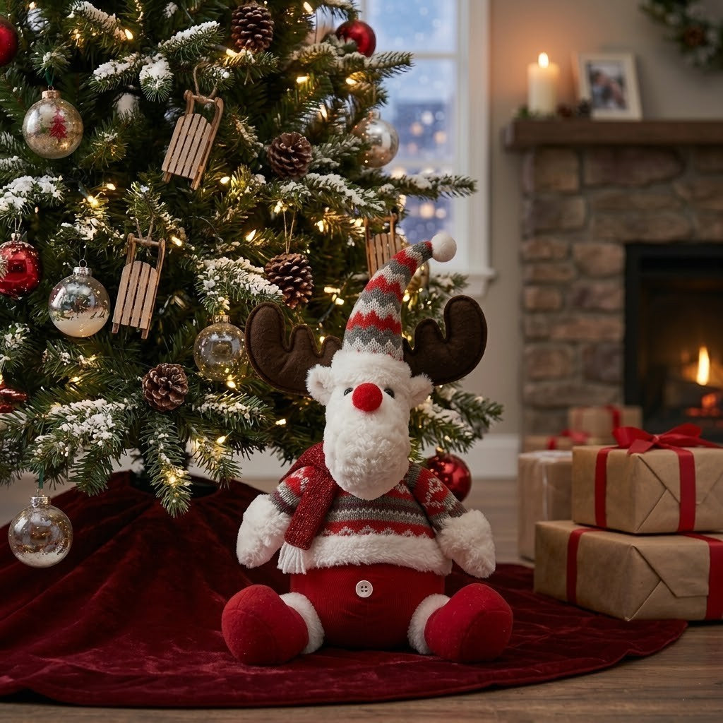 Ren De Plus Festiv, Klevo, Ren cu Nas Rosu si Pulover, Decoratiune De Craciun, Ornament De Pus Pe Polita Sau Sub Brad, 38 cm, Multicolor