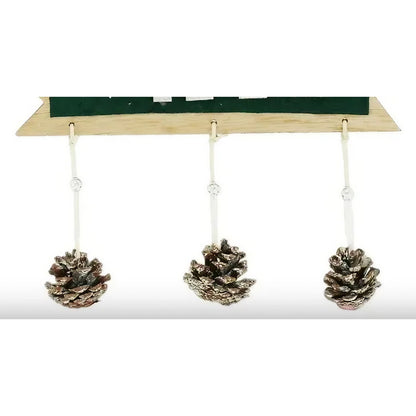 Decoratiune Craciun din Lemn, Klevo, Model Scris Xmas, Conuri Atarnate, cu Inimioara 25x9 cm, pentru Brad sau Usa, Verde/Argintiu