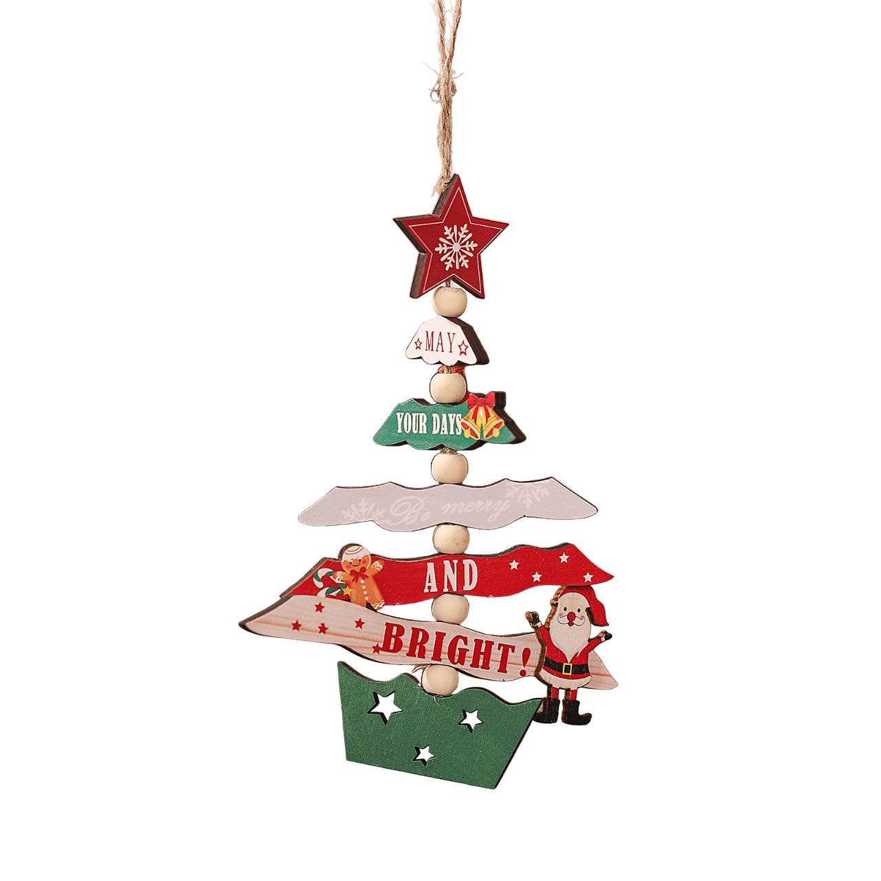 Decoratiune de Craciun din Lemn, Klevo, cu Snur pentru Agatare in Brad, Model Brad de Craciun, Scris May Your Days Be Merry And Bright, 17x12.8x0.4 cm, Multicolor