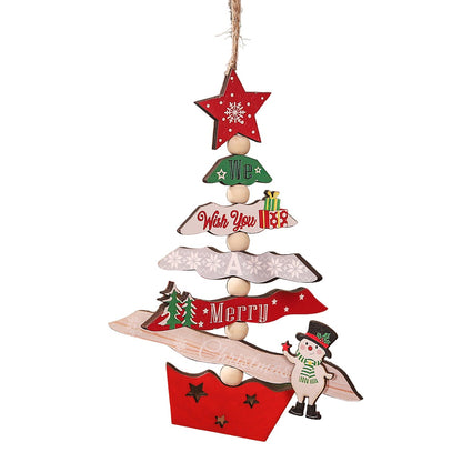 Decoratiune de Craciun din Lemn, Klevo, cu Snur pentru Agatare in Brad, Model Brad de Craciun si Om de Zapada, Scris We Wish You A Merry Christmas, 17x12.8x0.4 cm, Multicolor
