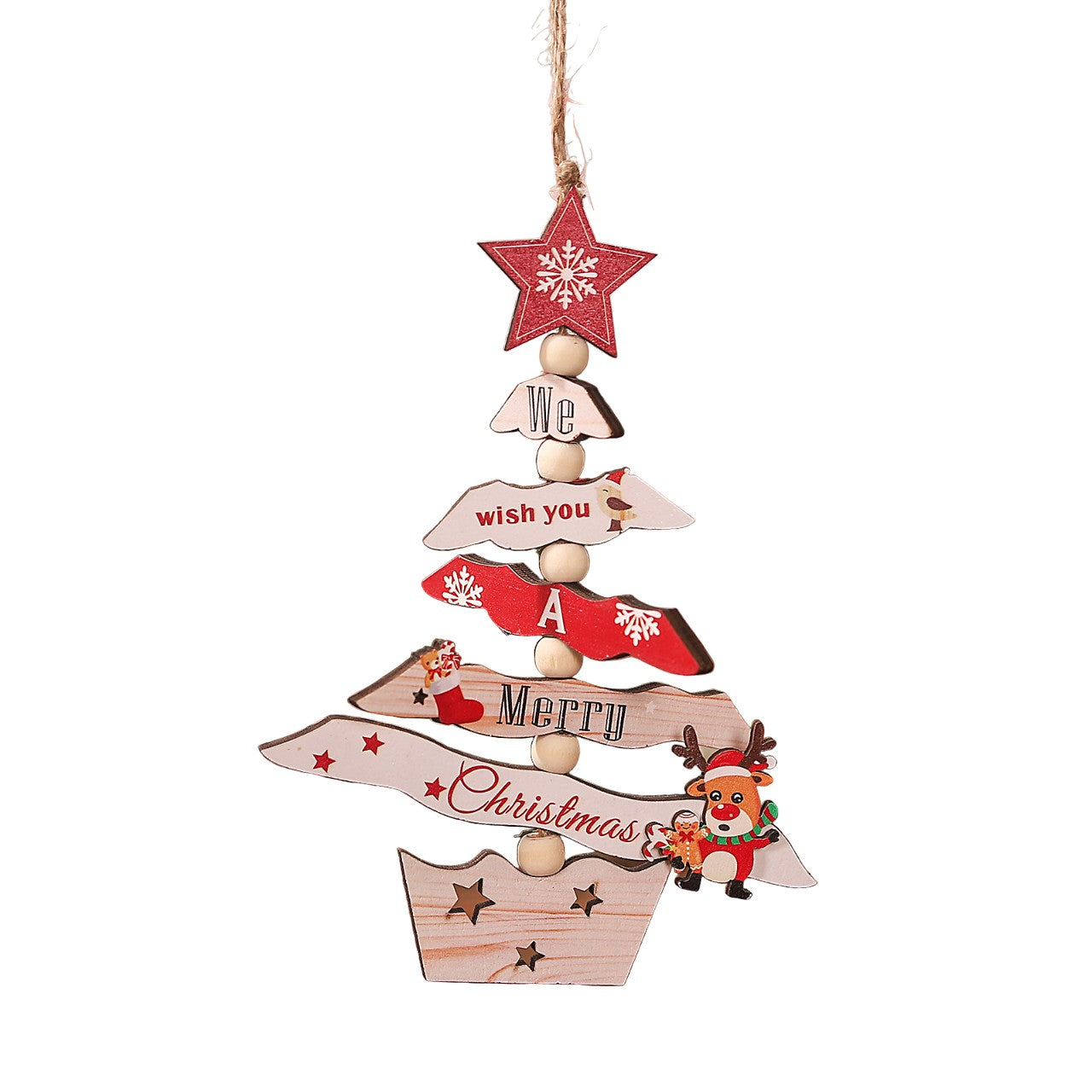 Decoratiune de Craciun din Lemn, Klevo, cu Snur pentru Agatare in Brad, Model Brad de Craciun si Ren, Scris We Wish You A Merry Christmas, 17x12.8x0.4 cm, Multicolor