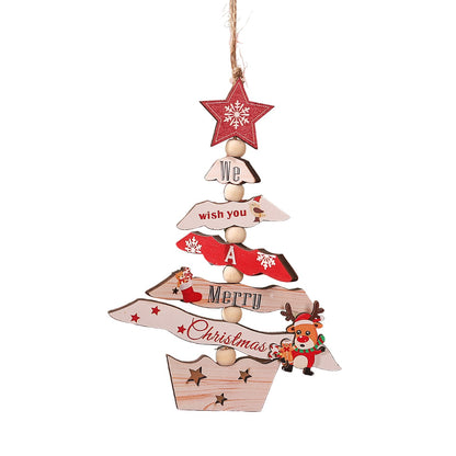 Decoratiune de Craciun din Lemn, Klevo, cu Snur pentru Agatare in Brad, Model Brad de Craciun si Ren, Scris We Wish You A Merry Christmas, 17x12.8x0.4 cm, Multicolor