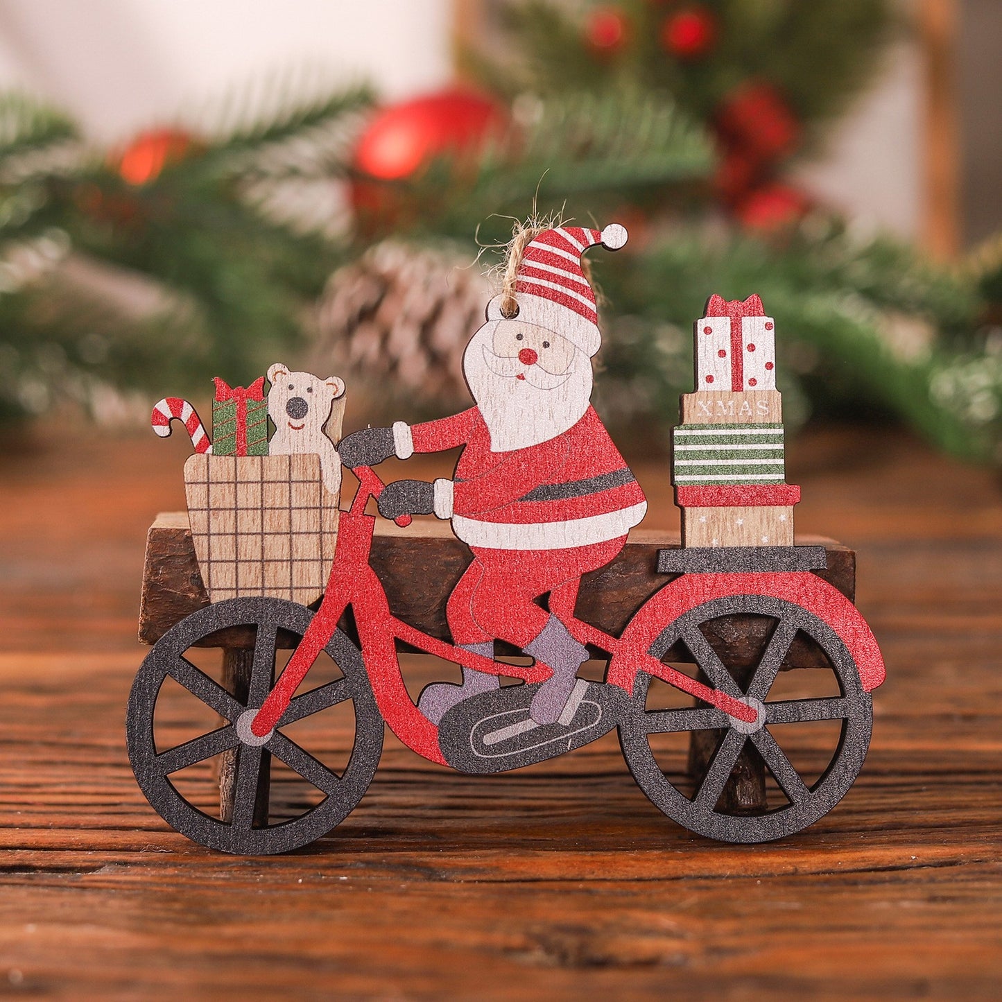 Decoratiune de Craciun din Lemn, Klevo, cu Snur pentru Agatare in Brad, Model Mos Craciun pe Bicicleta, 10.3x11.5x0.5 cm, Multicolor