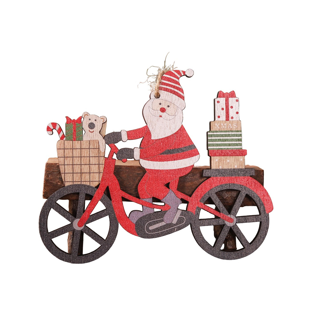 Decoratiune de Craciun din Lemn, Klevo, cu Snur pentru Agatare in Brad, Model Mos Craciun pe Bicicleta, 10.3x11.5x0.5 cm, Multicolor