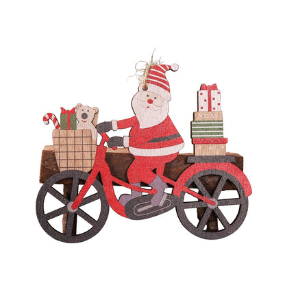 Decoratiune de Craciun din Lemn, Klevo, cu Snur pentru Agatare in Brad, Model Mos Craciun pe Bicicleta, 10.3x11.5x0.5 cm, Multicolor