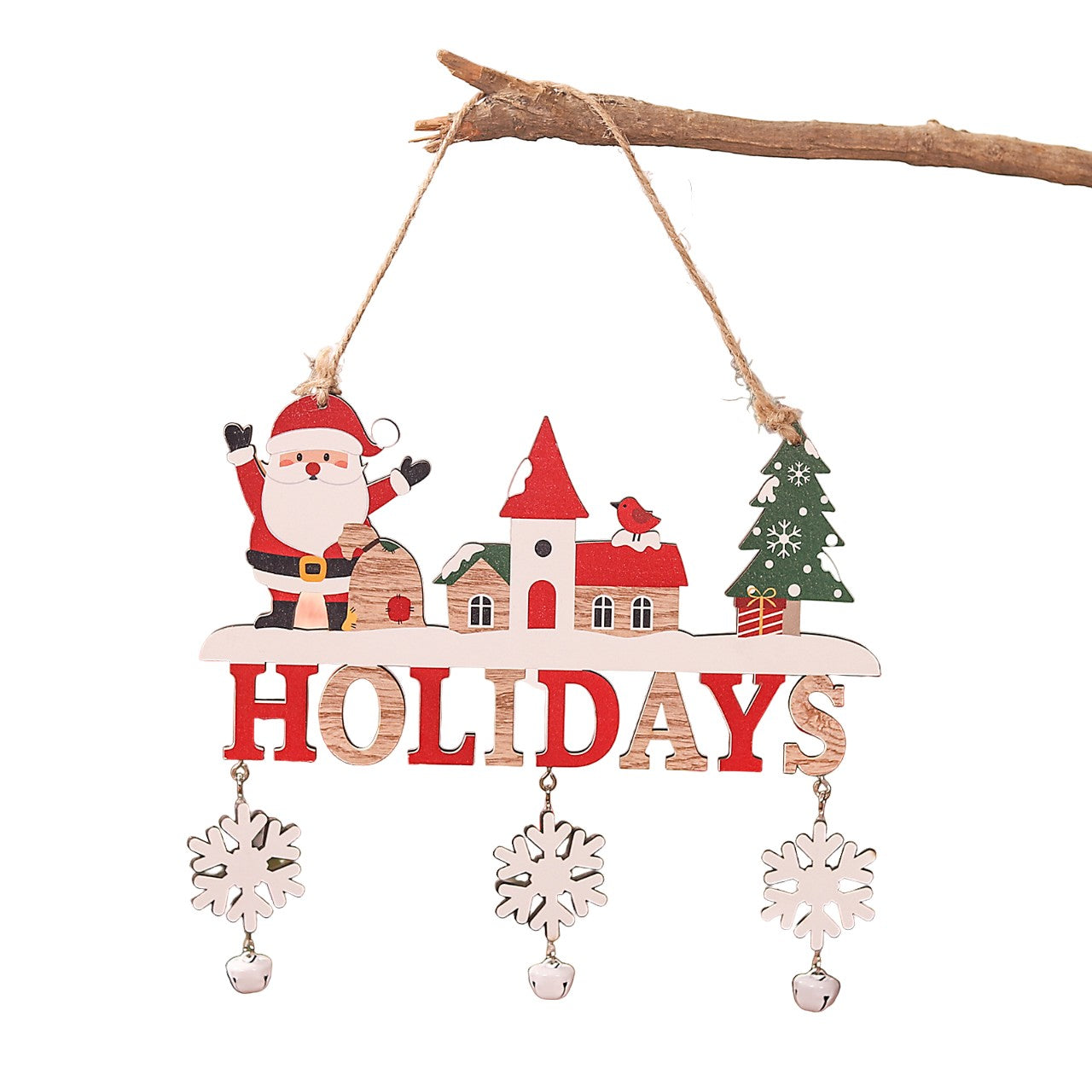 Decoratiune de Craciun din Lemn, Klevo, cu Snur pentru Agatare in Brad, Model Mos Craciun, Scris Let It Snow, 21.9x19 cm, Multicolor
