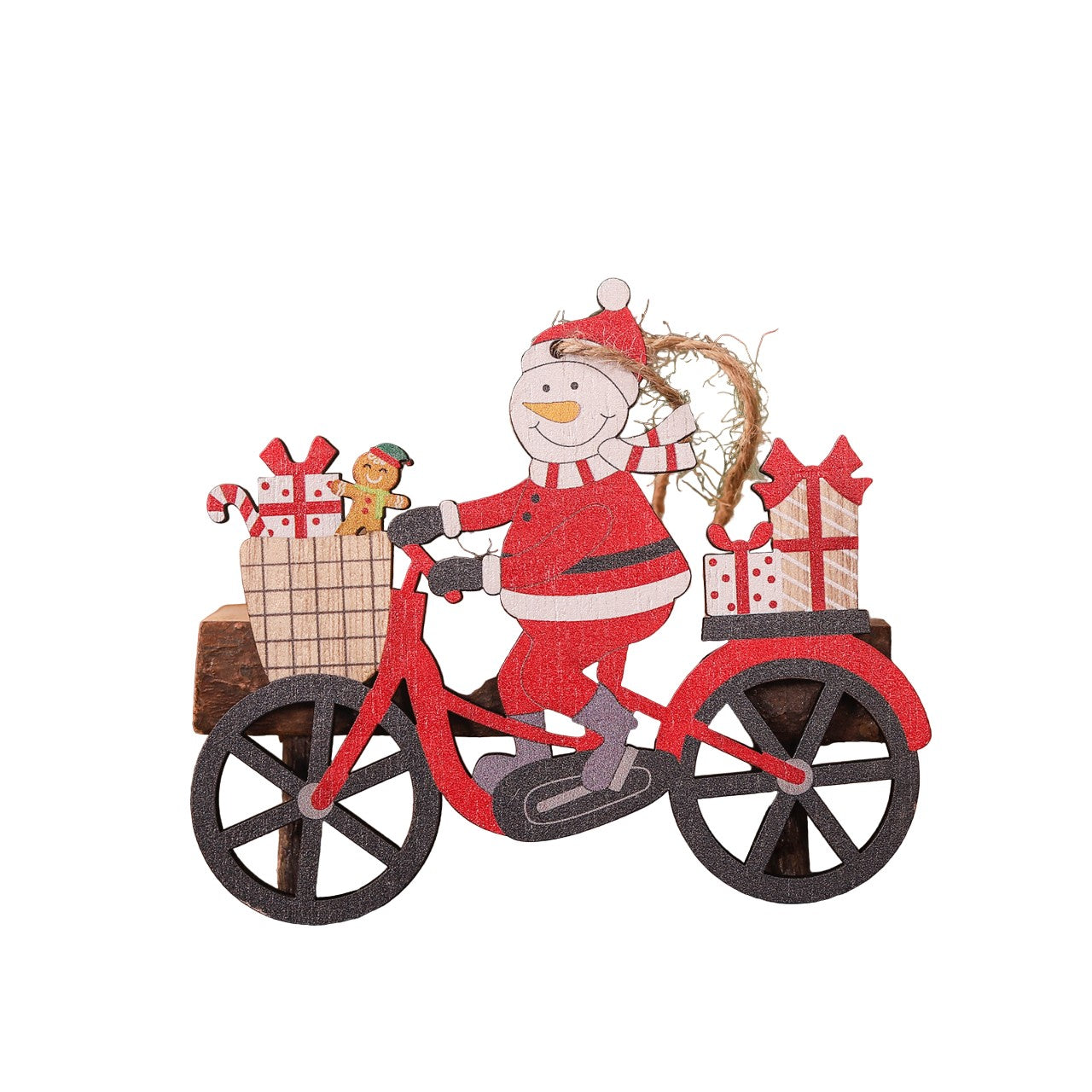 Decoratiune de Craciun din Lemn, Klevo, cu Snur pentru Agatare in Brad, Model Om de Zapada pe Bicicleta, 10.3x11.5x0.5 cm, Multicolor