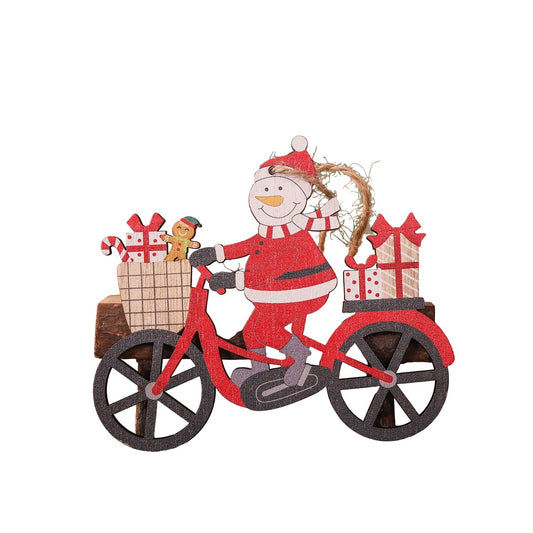 Decoratiune de Craciun din Lemn, Klevo, cu Snur pentru Agatare in Brad, Model Om de Zapada pe Bicicleta, 10.3x11.5x0.5 cm, Multicolor