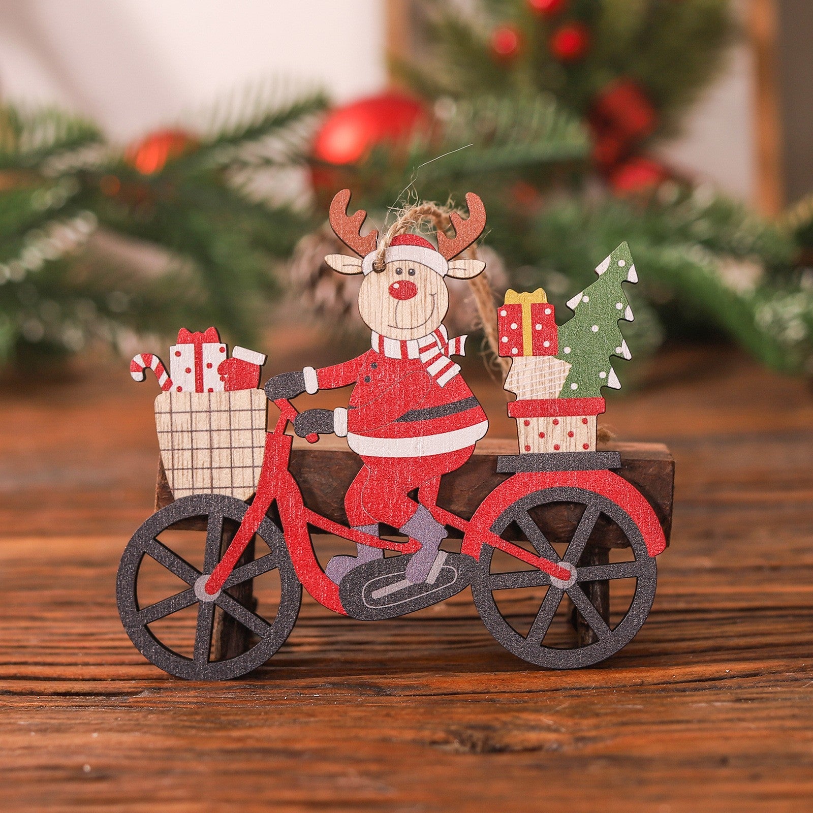 Decoratiune de Craciun din Lemn, Klevo, cu Snur pentru Agatare in Brad, Model Ren pe Bicicleta, 10.3x11.5x0.5 cm, Multicolor