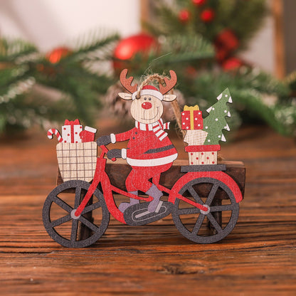 Decoratiune de Craciun din Lemn, Klevo, cu Snur pentru Agatare in Brad, Model Ren pe Bicicleta, 10.3x11.5x0.5 cm, Multicolor