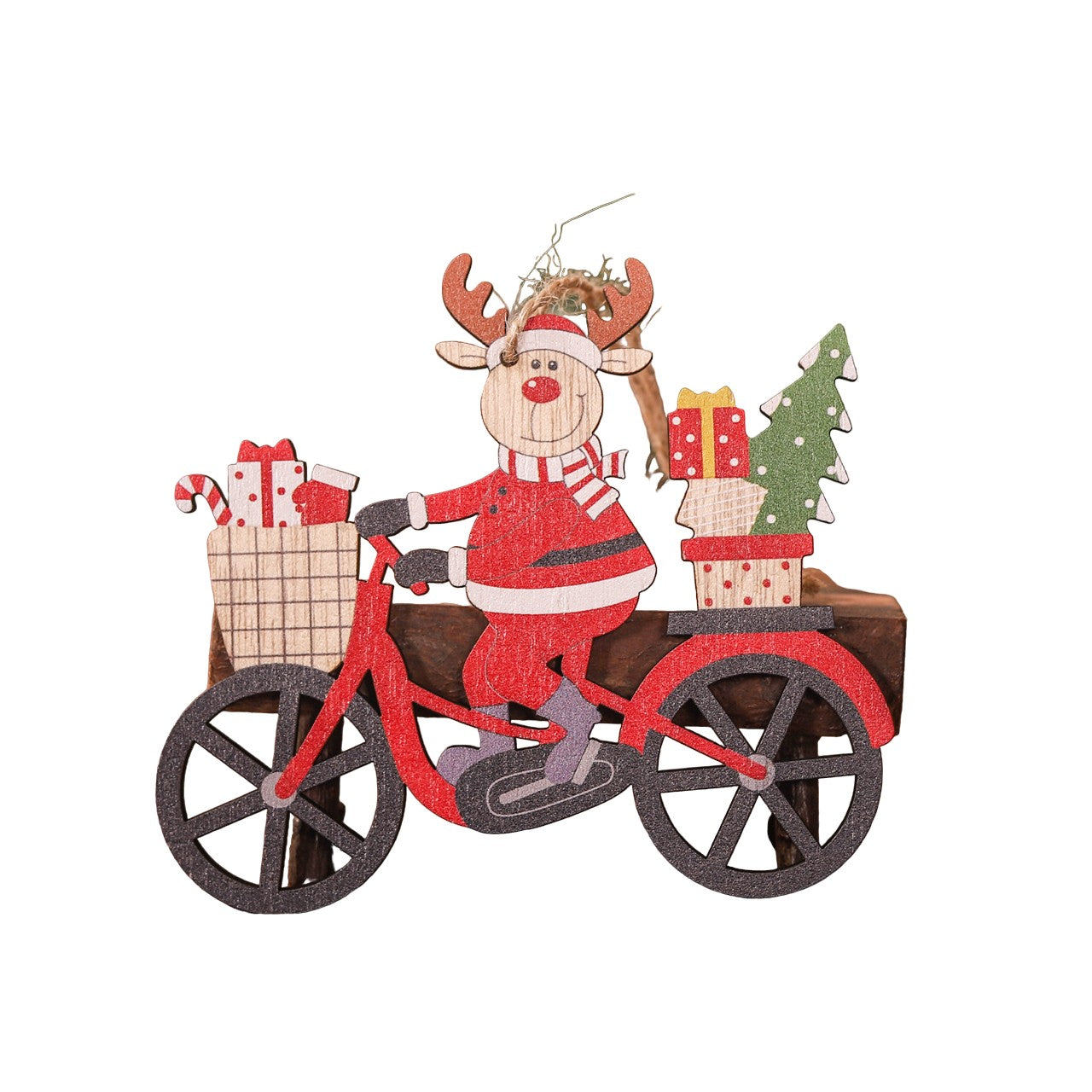 Decoratiune de Craciun din Lemn, Klevo, cu Snur pentru Agatare in Brad, Model Ren pe Bicicleta, 10.3x11.5x0.5 cm, Multicolor