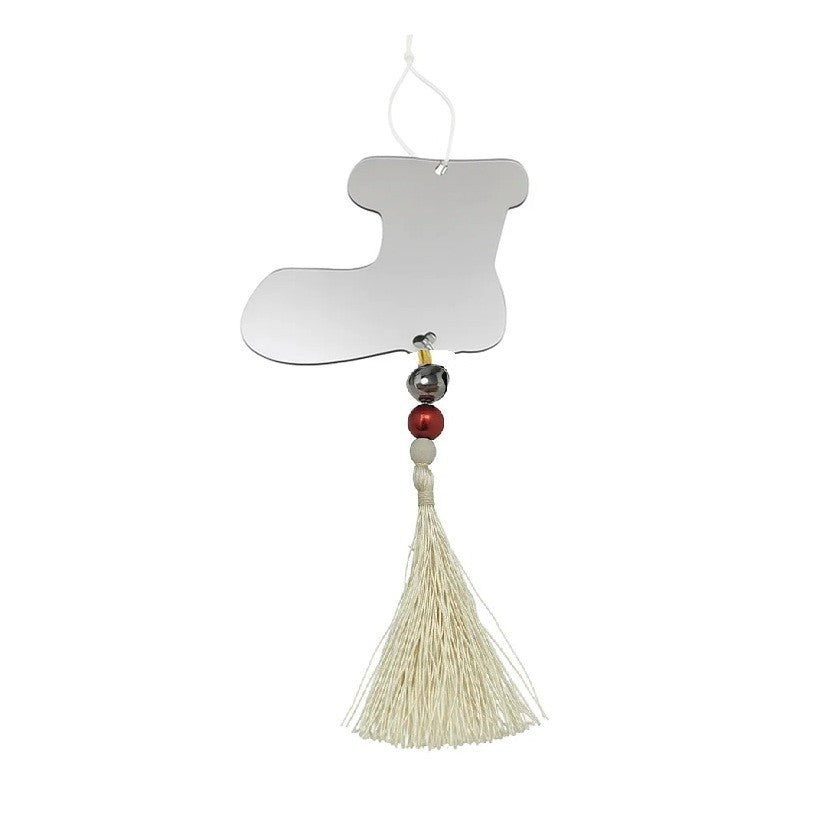Decoratiune de Craciun, Klevo, pentru Brad, Model Cizma de Mos cu Clopotel, Lucios, Argintiu