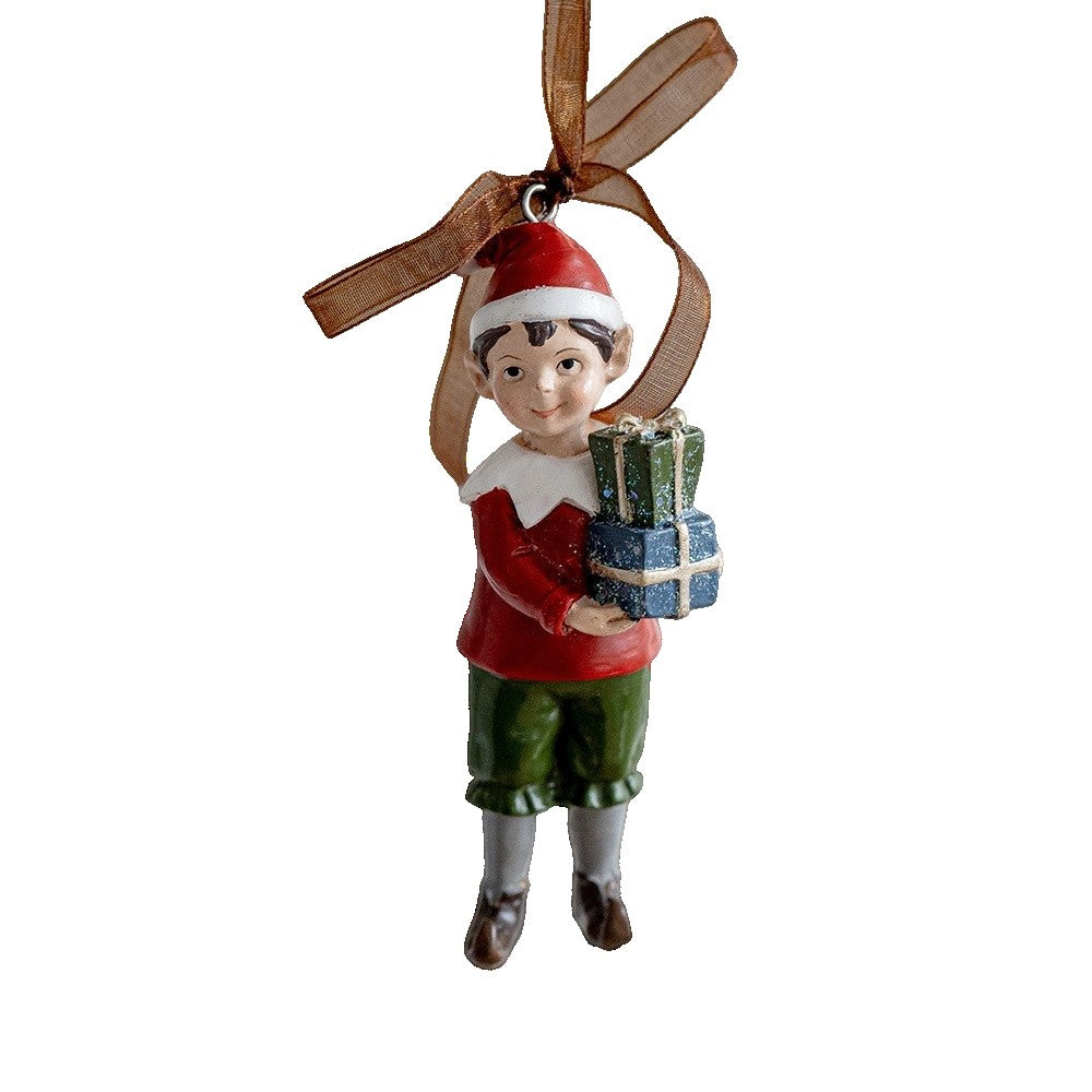 Decoratiune de Craciun, Klevo, pentru Brad, Model Elf cu Cadouri, 10 x 3 cm, din Rasina, Multicolor