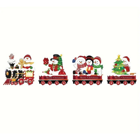Decoratiune de Craciun, Klevo, pentru Gradina, Tip Trenulet, 4 Figurine + Bete de Infipt in Pamant, din Plastic, Impermeabil, Model Oameni de Zapada, Multicolor