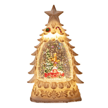 Decoratiune de Craciun tip Brad, Klevo, Glob de Cristal cu Fulgi de Zapada, Model Masinuta cu Brad, Iluminare LED, 16 x 9 x 5 cm, Carcasa Vintage Bej, Transparent