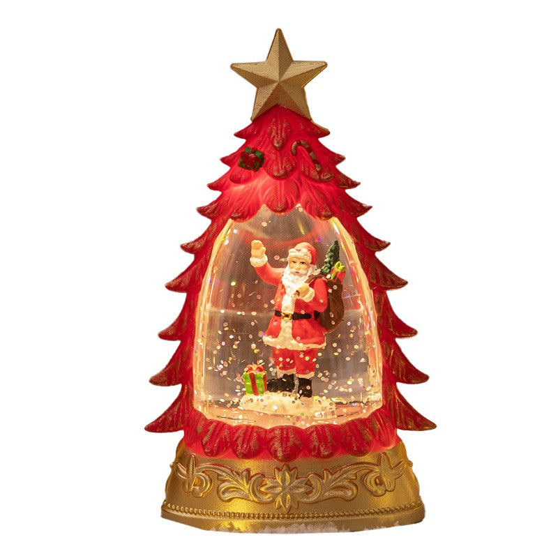 Decoratiune de Craciun tip Brad, Klevo, Glob de Cristal cu Fulgi de Zapada, Model Mos Craciun, Iluminare LED, 16 x 9 x 5 cm, Carcasa Vintage Rosu, Transparent