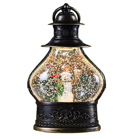 Decoratiune de Craciun tip Felinar, Klevo, Glob de Cristal cu Fulgi de Zapada, Model Om de Zapada, Ornamentat cu Luminite Interioare, 14.5 x 9 x 3 cm, Rama Neagra, Transparent