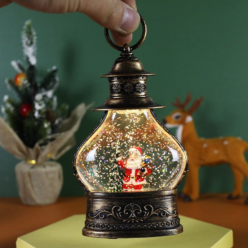 Decoratiune de Craciun tip Felinar, Klevo, Glob de Cristal cu Fulgi de Zapada, Model Mos Craciun, Ornamentat cu Luminite Interioare, 14.5 x 9 x 3 cm, Rama Neagra, Transparent