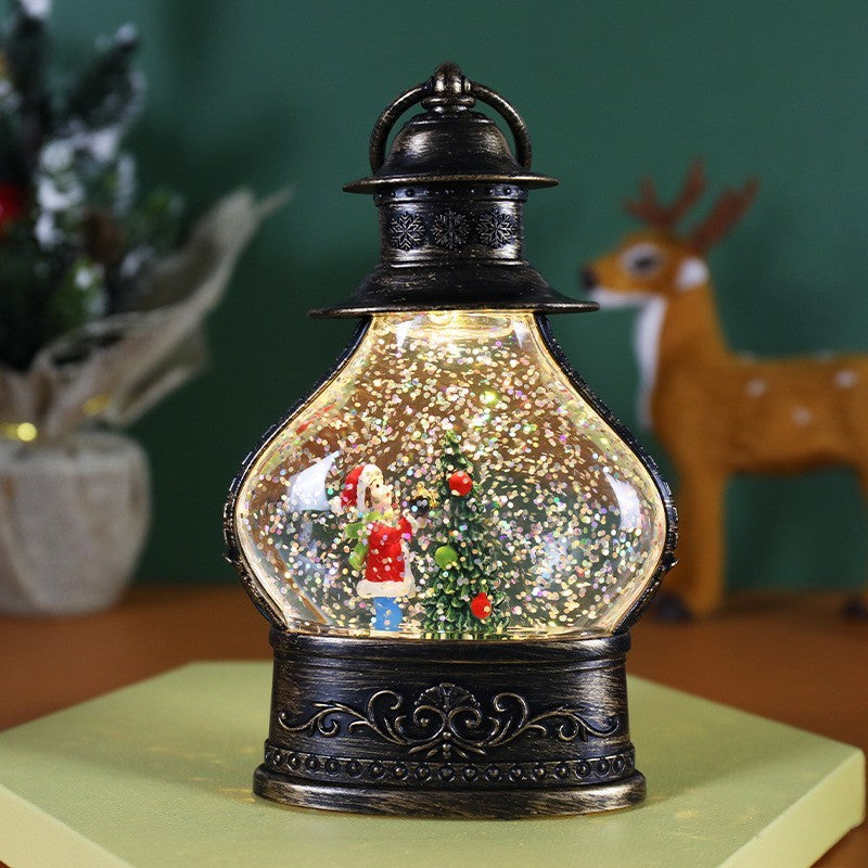 Decoratiune de Craciun tip Felinar, Klevo, Glob de Cristal cu Fulgi de Zapada, Model Elf, Ornamentat cu Luminite Interioare, 14.5 x 9 x 3 cm, Rama Neagra, Transparent