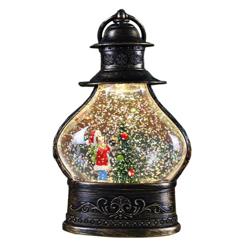 Decoratiune de Craciun tip Felinar, Klevo, Glob de Cristal cu Fulgi de Zapada, Model Elf, Ornamentat cu Luminite Interioare, 14.5 x 9 x 3 cm, Rama Neagra, Transparent