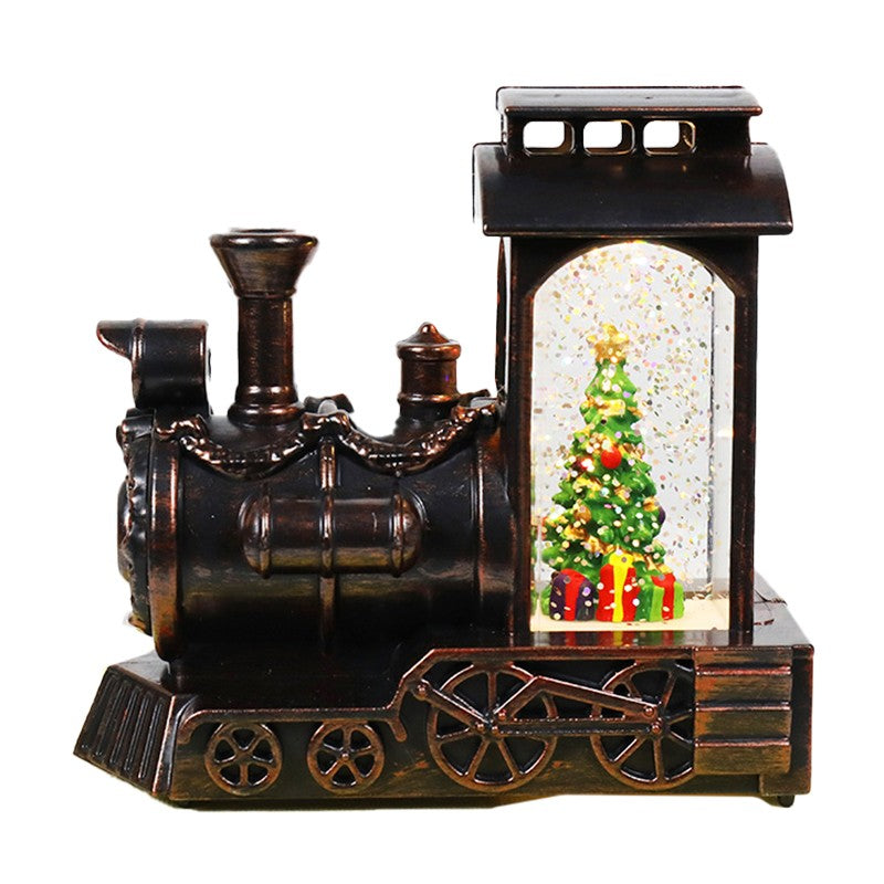 Decoratiune de Craciun tip Locomotiva, Klevo, Glob de Cristal cu Fulgi de Zapada, Model Pom de Craciun, Iluminare LED, 11.5 x 12.5 x 6 cm, Carcasa Vintage Bronze, Transparent