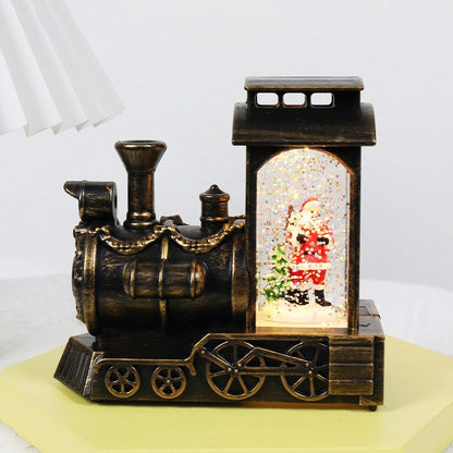 Decoratiune de Craciun tip Locomotiva, Klevo, Glob de Cristal cu Fulgi de Zapada, Model Mos Craciun, Iluminare LED, 11.5 x 12.5 x 6 cm, Carcasa Vintage Bronze, Transparent