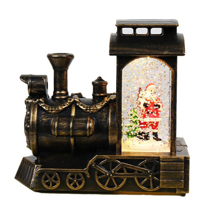 Decoratiune de Craciun tip Locomotiva, Klevo, Glob de Cristal cu Fulgi de Zapada, Model Mos Craciun, Iluminare LED, 11.5 x 12.5 x 6 cm, Carcasa Vintage Bronze, Transparent