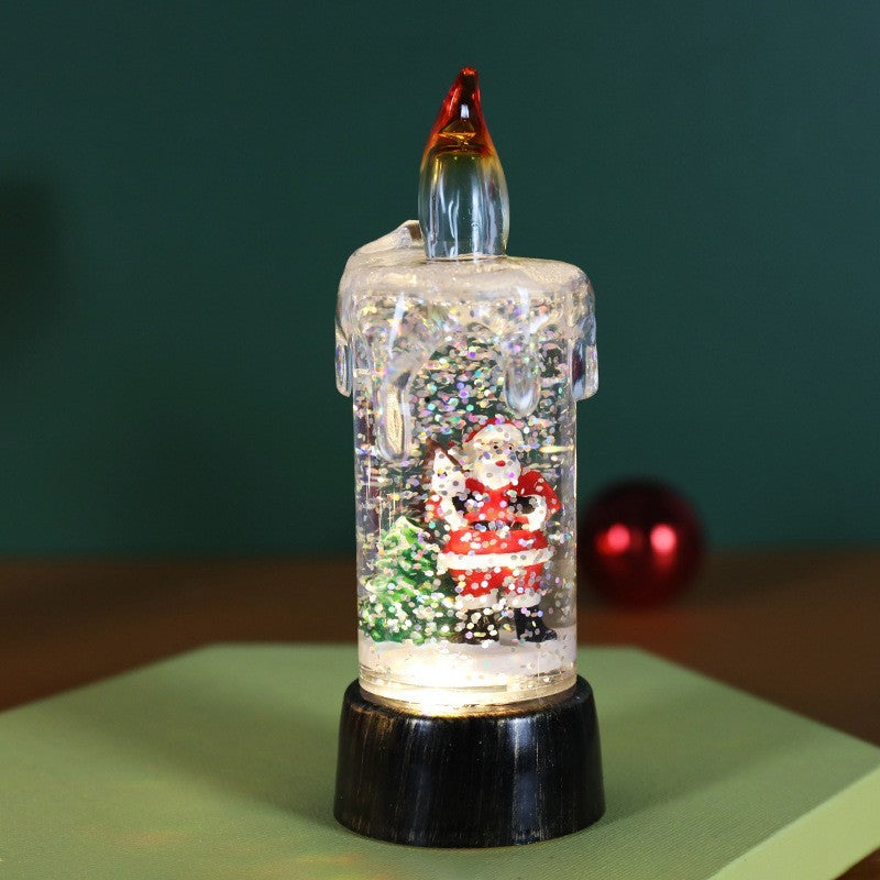 Decoratiune de Craciun tip Lumanare, Klevo, Lumanare de Cristal cu Fulgi de Zapada, Model Mos Craciun cu Sclipici, Iluminare LED, 13 x 5 x 5 cm, Baza Vintage Bronze, Transparent