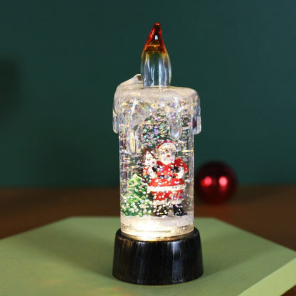 Decoratiune de Craciun tip Lumanare, Klevo, Lumanare de Cristal cu Fulgi de Zapada, Model Mos Craciun cu Sclipici, Iluminare LED, 13 x 5 x 5 cm, Baza Vintage Bronze, Transparent