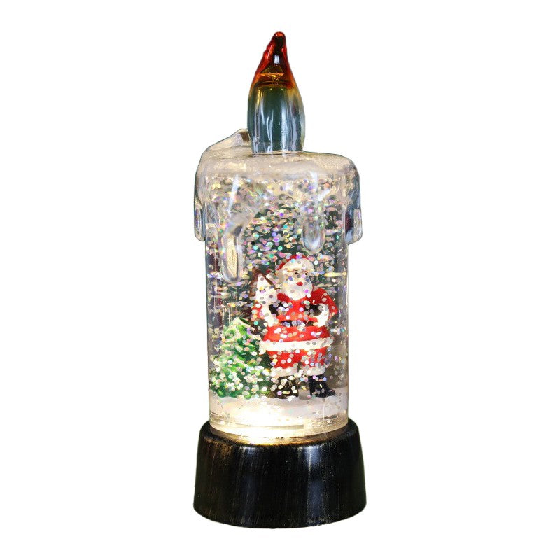 Decoratiune de Craciun tip Lumanare, Klevo, Lumanare de Cristal cu Fulgi de Zapada, Model Mos Craciun cu Sclipici, Iluminare LED, 13 x 5 x 5 cm, Baza Vintage Bronze, Transparent