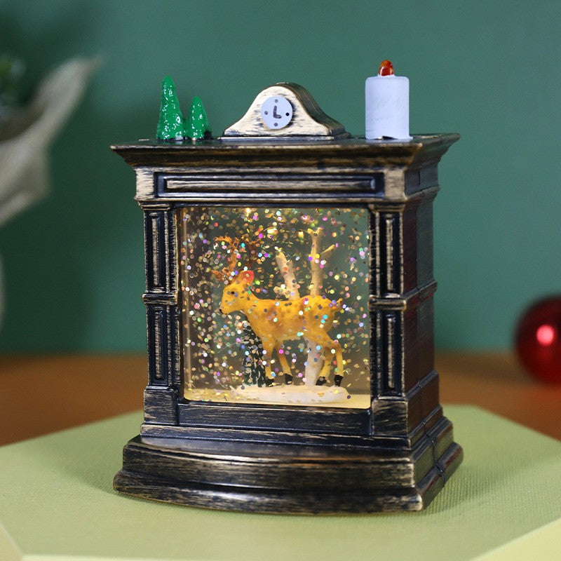 Decoratiune de Craciun tip Semineu / Ceas, Klevo, Glob de Cristal cu Fulgi de Zapada, Model Ren, Iluminare LED, 11.5 x 8.5 x 6.5 cm, Carcasa Vintage Bronze, Transparent