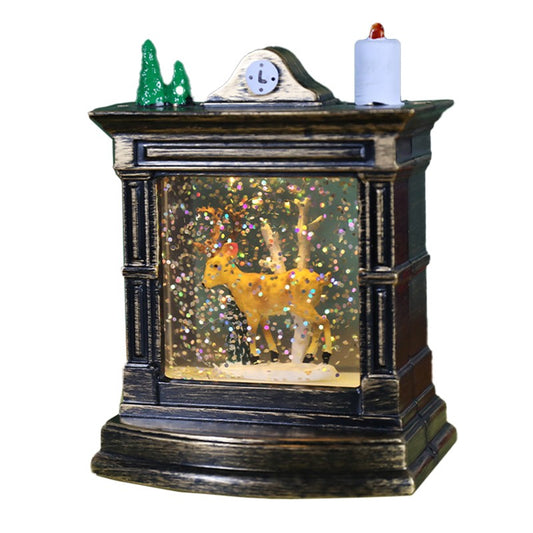 Decoratiune de Craciun tip Semineu / Ceas, Klevo, Glob de Cristal cu Fulgi de Zapada, Model Ren, Iluminare LED, 11.5 x 8.5 x 6.5 cm, Carcasa Vintage Bronze, Transparent