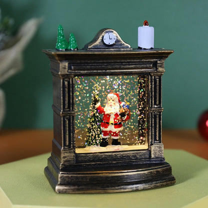 Decoratiune de Craciun tip Semineu / Ceas, Klevo, Glob de Cristal cu Fulgi de Zapada, Model Mos Craciun, Iluminare LED, 11.5 x 8.5 x 6.5 cm, Carcasa Vintage Bronze, Transparent