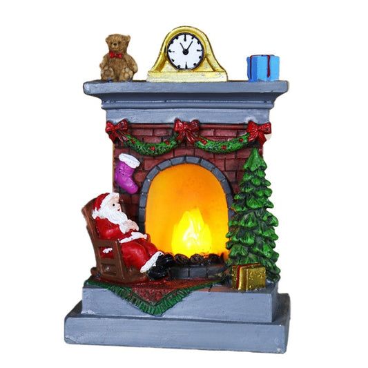 Decoratiune de Craciun tip Semineu, Klevo, Semineu Decorativ cu Foc din Rasina, Model Semineu cu Mos Craciun, Flacara Iluminare LED, 13.5 x 9 x 6 cm, Gri Rosu
