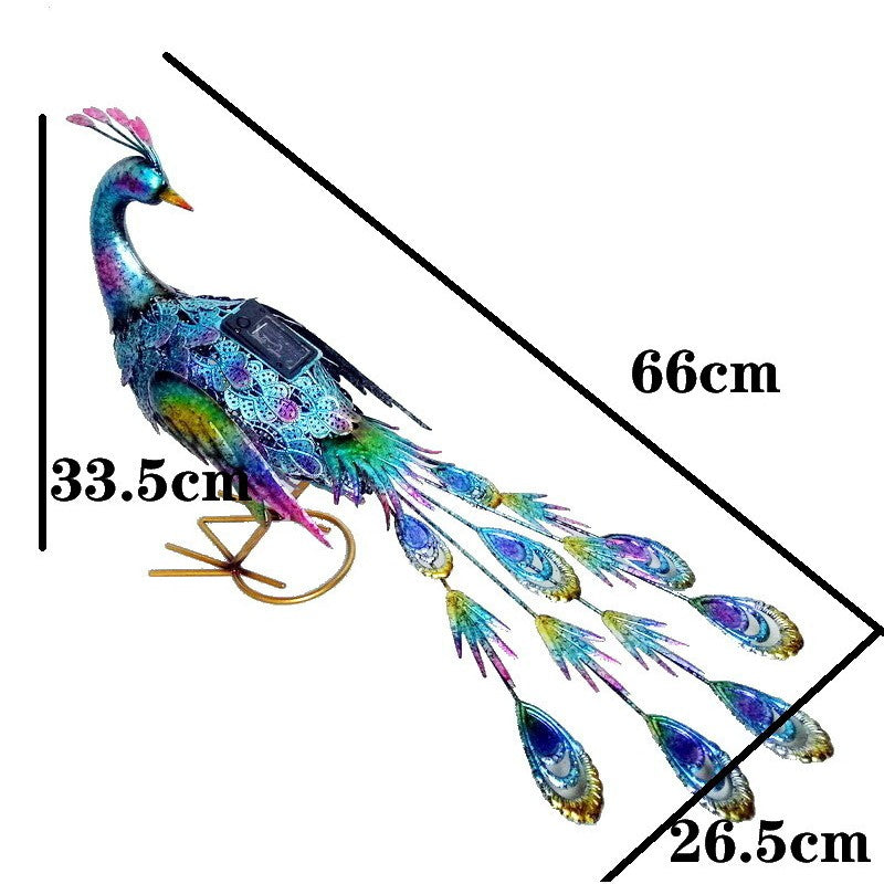 Decoratiune de Gradina cu Lampa solara, Klevo, Model Paun Pitic, Iluminare Led si Incarcare Solara, 66 x 33.5 x 26.5 cm, din Fier, Albastru Multicolor
