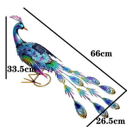 Decoratiune de Gradina cu Lampa solara, Klevo, Model Paun Pitic, Iluminare Led si Incarcare Solara, 66 x 33.5 x 26.5 cm, din Fier, Albastru Multicolor