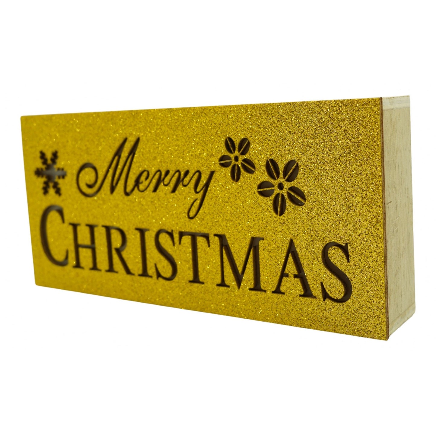 Decoratiune luminoasa, Klevo, Marry Christmas, galben, lungime: 19 cm, latime: 9 cm, inaltime: 4 cm, lemn, interior/exterior