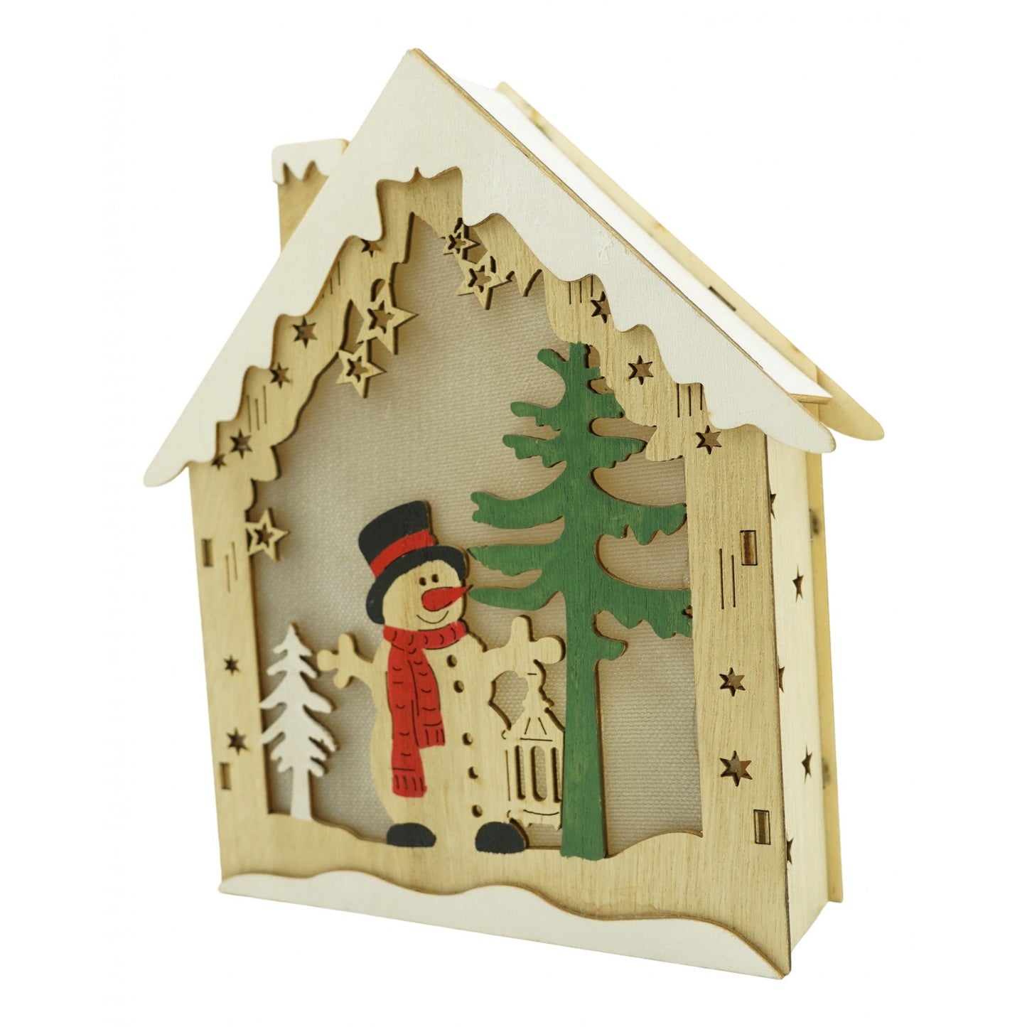Decoratiune luminoasa, model de  Casa cu Om de zapada, maro, lungime: 18 cm, latime: 5 cm, inaltime: 21 cm, lemn, interior/exterior