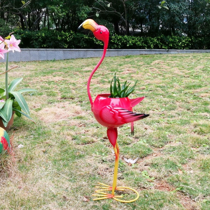 Decoratiune pentru Gradina, Klevo, Flamingo pentru Gradina cu Suport pentru Plante Flori, Ornament de Ghiveci de Flori, Model Flamingo, din Fier, 73 x 34 x 22 cm, Roz